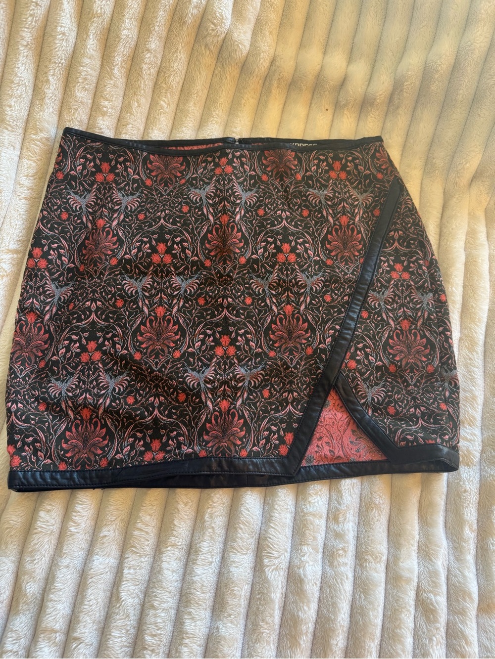 Express Black Mini Skirt with Red Floral Jacquard